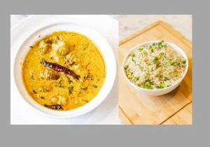 vegetable fried rice with kadhi pakora served in bowls in the best fine dine restaurants in west delhi